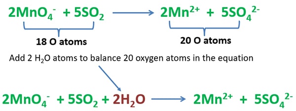 balance oxygen atoms in KMnO4 + SO2 reaction